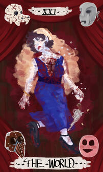 An illustration in the style of a tarot card, specifically "The World". A pale, elven woman adorned in ornate 1920s clothing lays dead on a blood-soaked wooden floor. She is bleeding heavily from the major open wound in her chest, with her heart missing.
