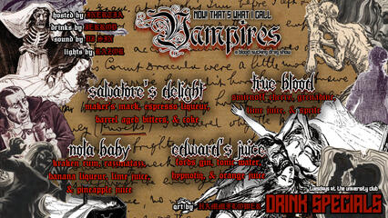 Drink specials for "Now! That's What I Call: Vampires!", a vampire-themed drag show. Digital collage + composition. September 2025.