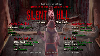 Drink specials for "Now! That's What I Call: Silent Hill!", a Silent Hill-themed drag show. Digital painting + composition. January 2025.