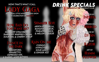 Drink specials for "Now! That's What I Call: Lady Gaga!", a Lady Gaga themed drag show. Digital painting + composition. June 2025.