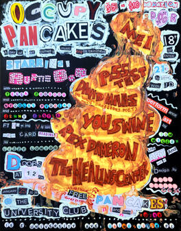 "Occupy Pancakes January 2026". Promotional flyer for Occupy Pancakes, a punk rock house party. Mixed media on canvas board.